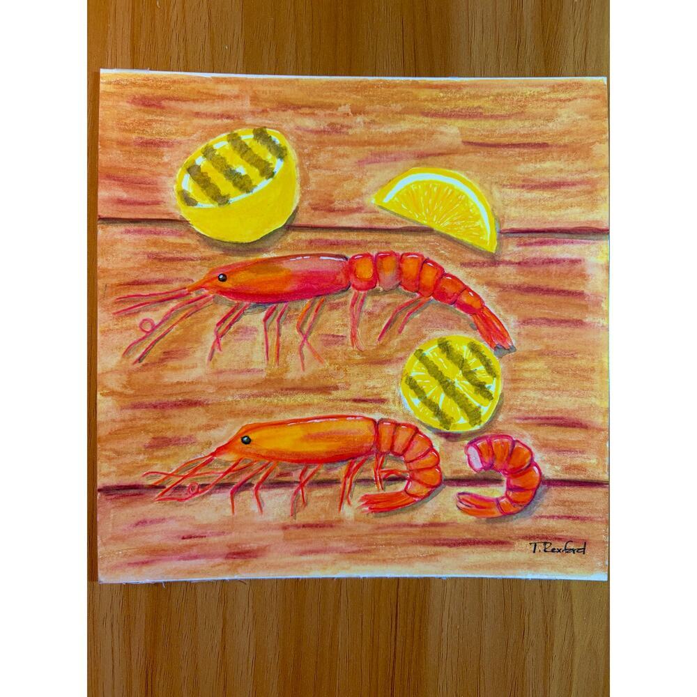 Hand painted watercolor pencil original painting grilled shrimp and lemon